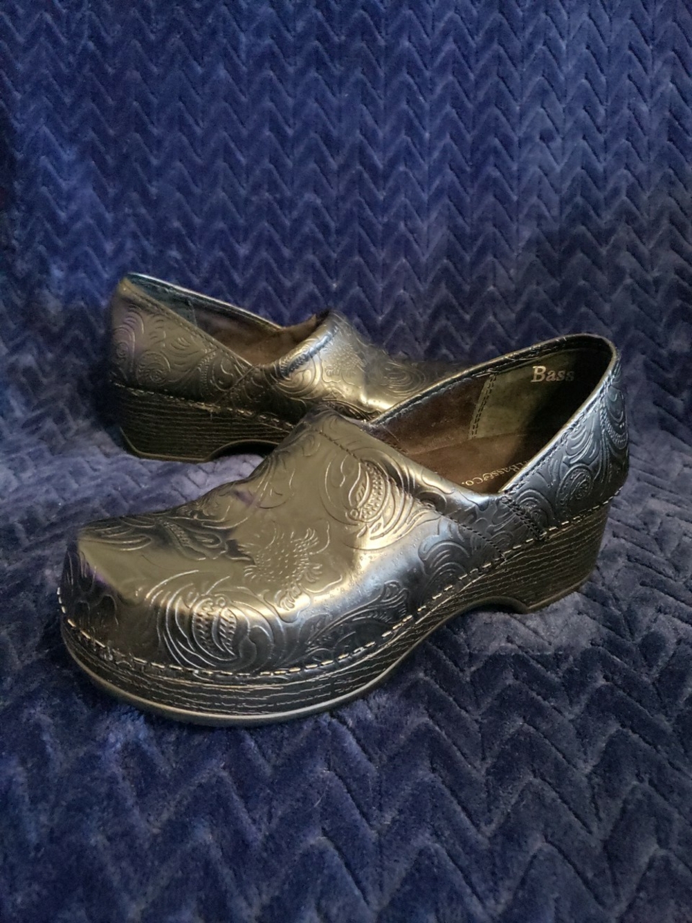G.H. Bass & Co. Black Embossed Leather Clogs